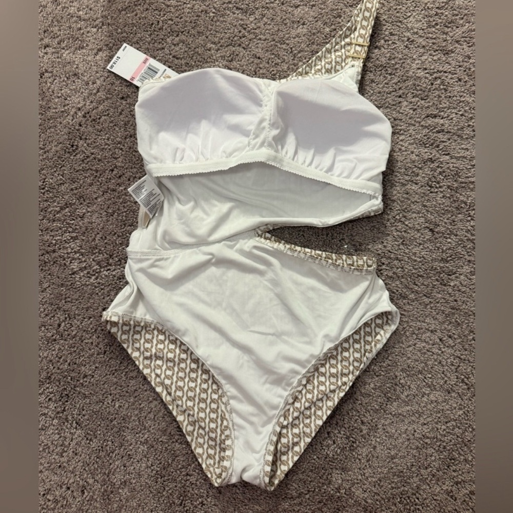 MICHAEL Michael Kors Cream and Brown One-Shoulder Swimsuit - Picture 4 of 9